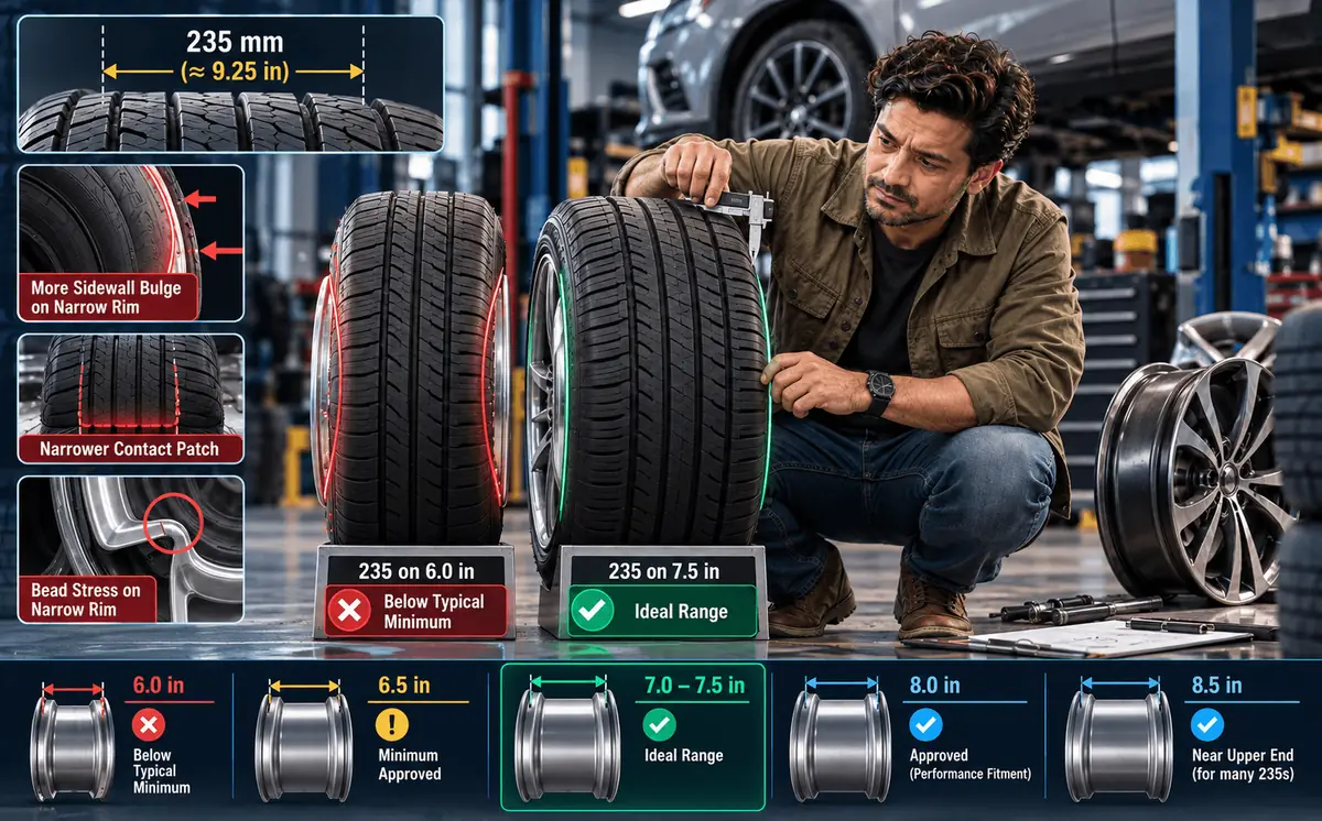 235 tire fitment on a 6-inch wheel compared with a wider rim