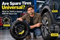 Spare tire next to a car wheel
