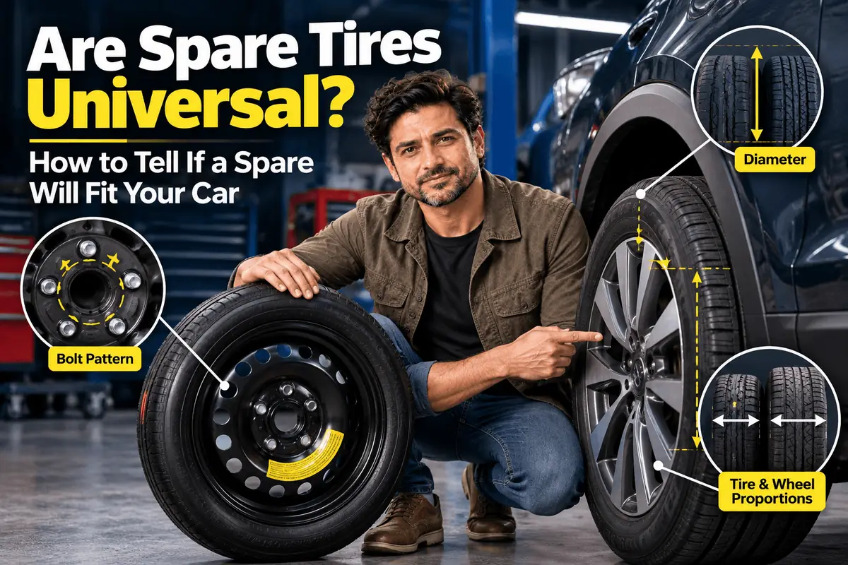 Spare tire next to a car wheel