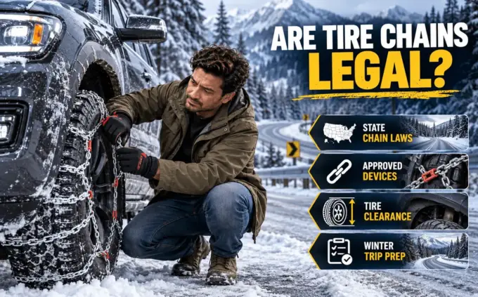 Tire chains on a snowy road