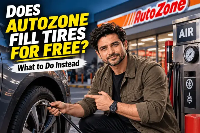 Filling tires with air at an auto parts store