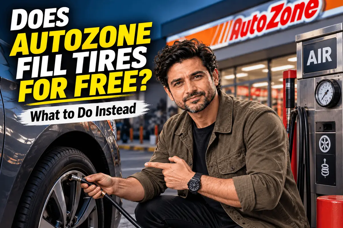 Filling tires with air at an auto parts store