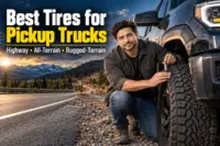 Pickup truck tires at sunset