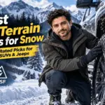 All-terrain tires on a snowy off-road trail