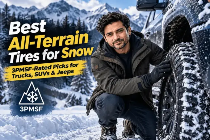 All-terrain tires on a snowy off-road trail