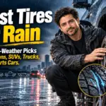 Tires driving on a wet road in the rain