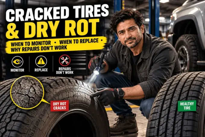 Cracked tire sidewall with dry rot
