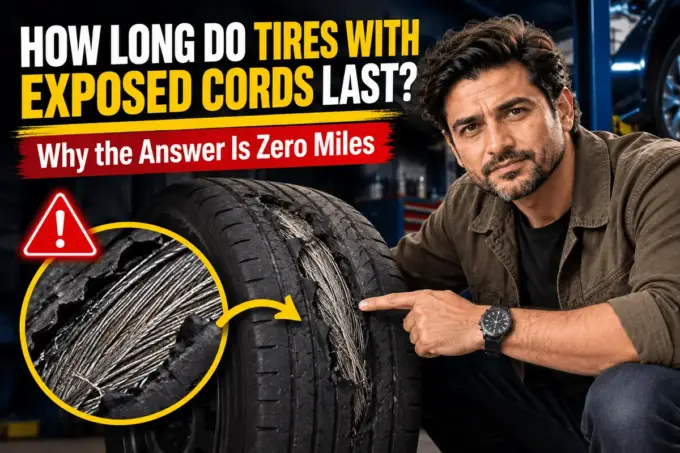 Worn tire with exposed cords