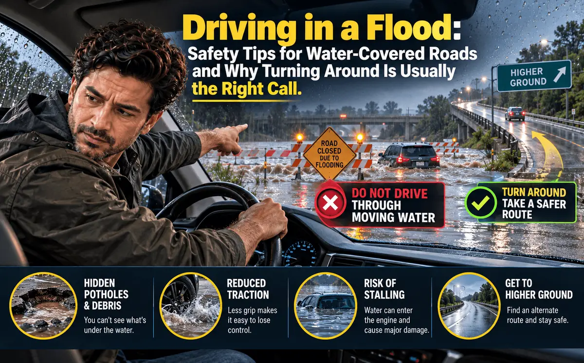 Car approaching a flooded road