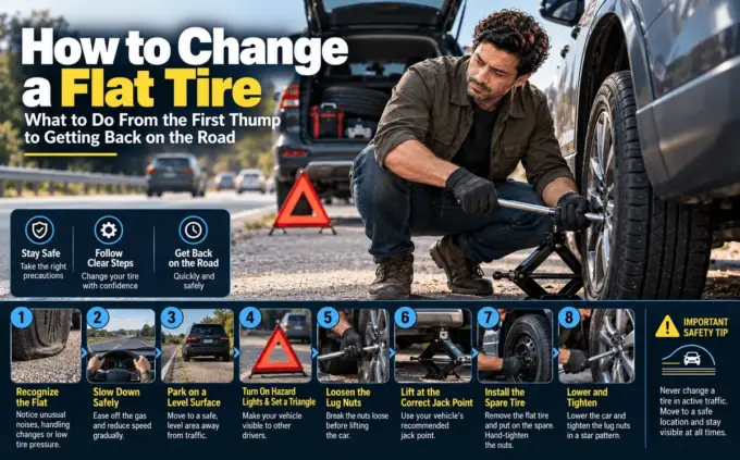 Changing a flat tire at the roadside