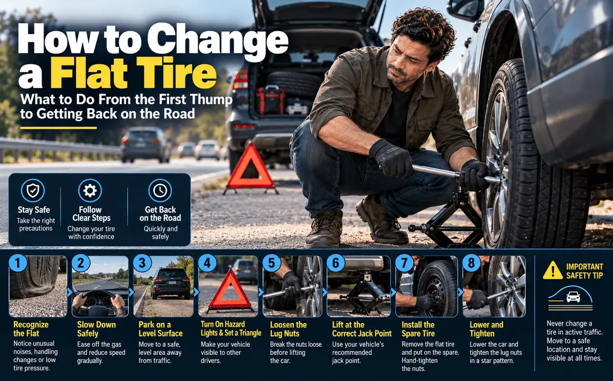 Changing a flat tire at the roadside