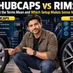 Hubcap and alloy rim compared in a garage