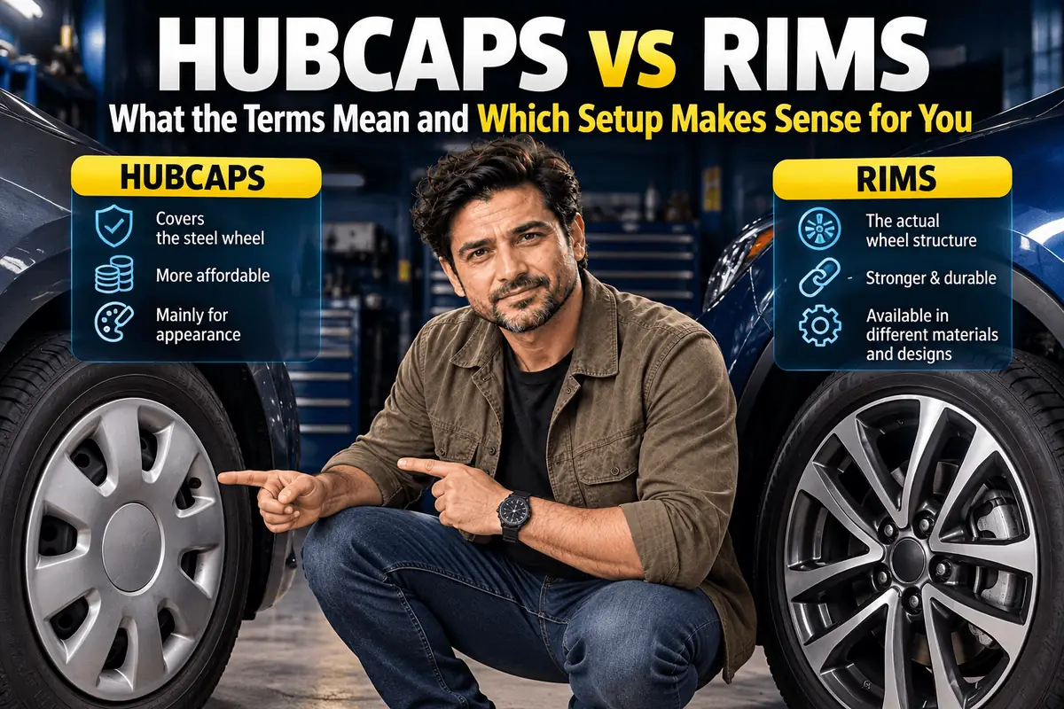 Hubcap and alloy rim compared in a garage