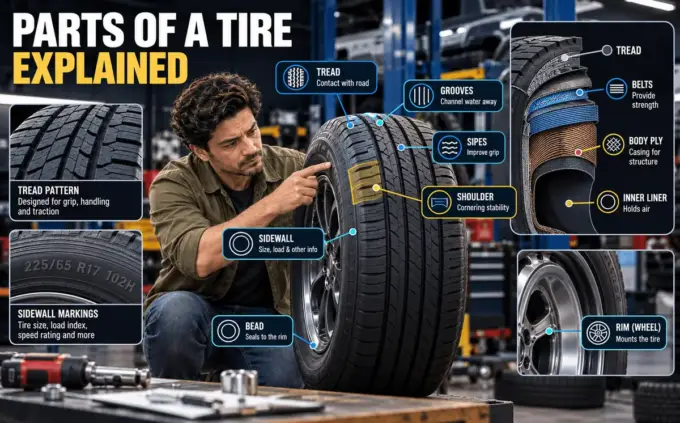 Parts of a tire: tread, sidewall, bead, plies and belts