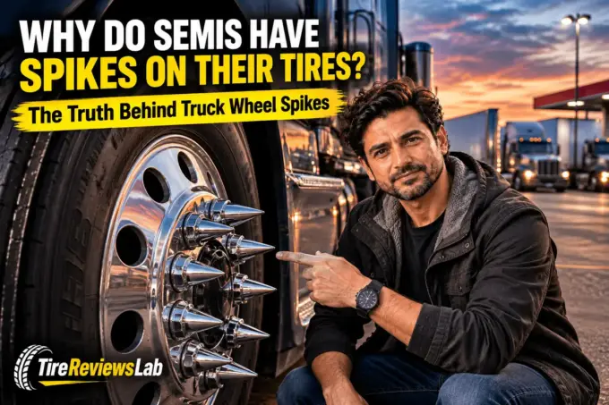 Chrome lug nut spikes on a semi truck wheel