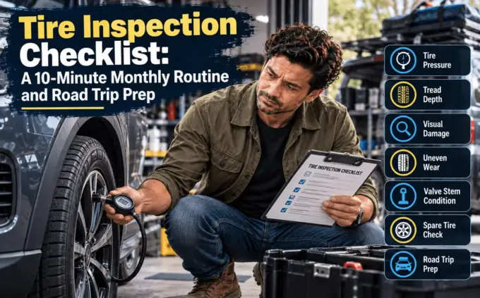 Inspecting tires before a road trip