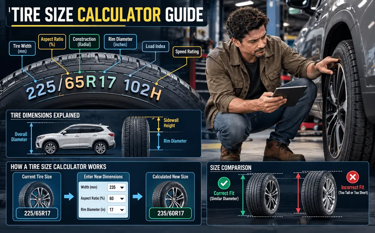 Tire size markings on a sidewall in a workshop