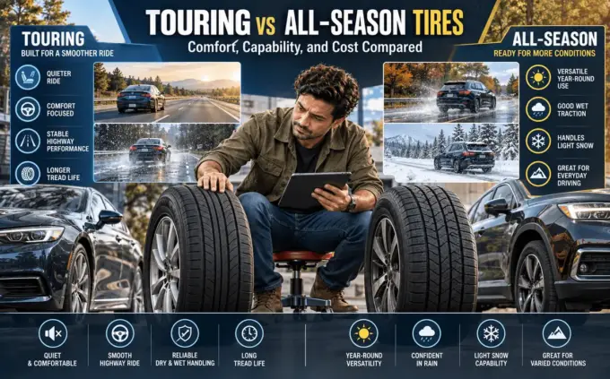 Touring tires versus all-season tires infographic