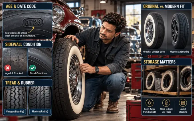 Vintage tire inspection in a workshop