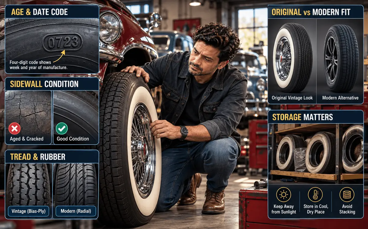 Vintage tire inspection in a workshop