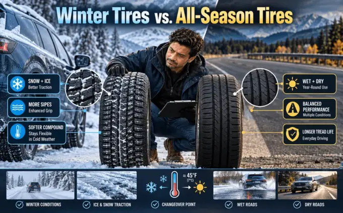 Winter tires and all-season tires on snow